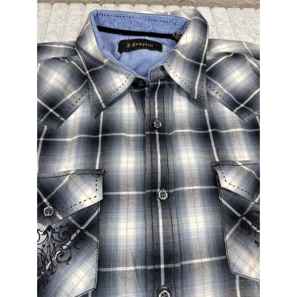 J. Campbell Los Angeles Mens XL Western Plaid Embroidered Button Down Shirt Blue